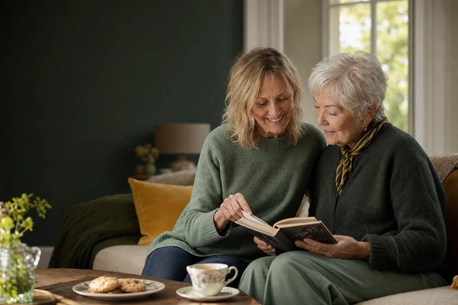 A Care Giver and an older woman enjoying tea while looking through a photo album together