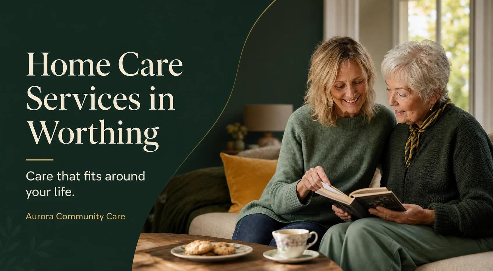 An older woman enjoying a book and a cup of tea with her Care Giver at home