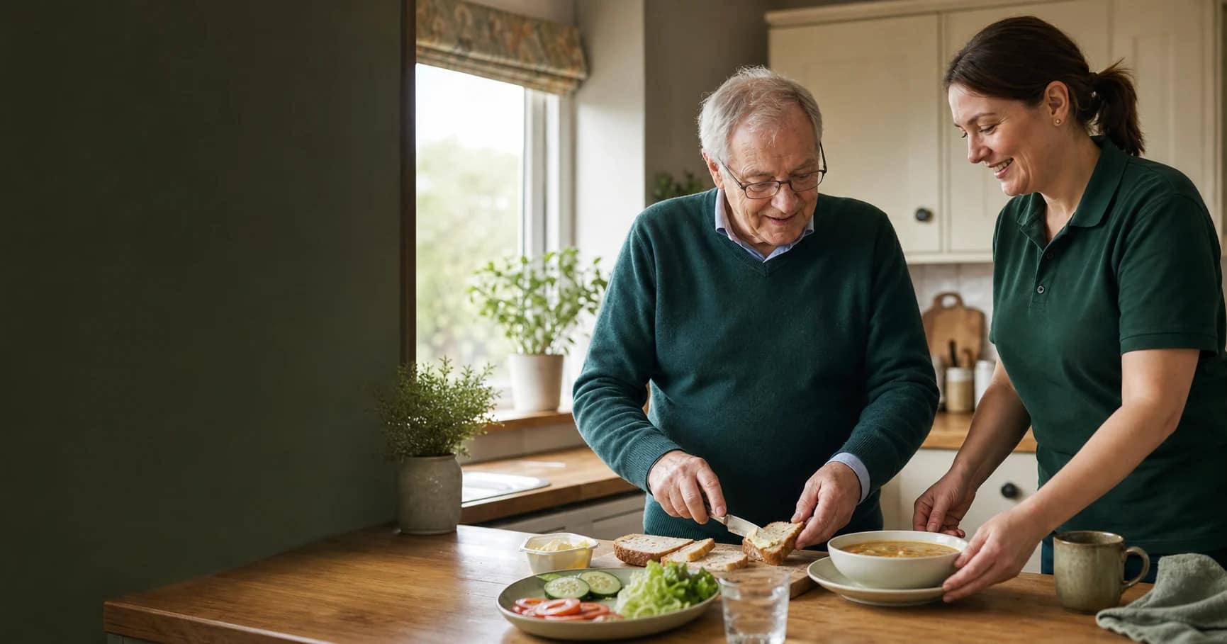 An older man and his Care Giver preparing soup and sandwiches together in his kitchen
