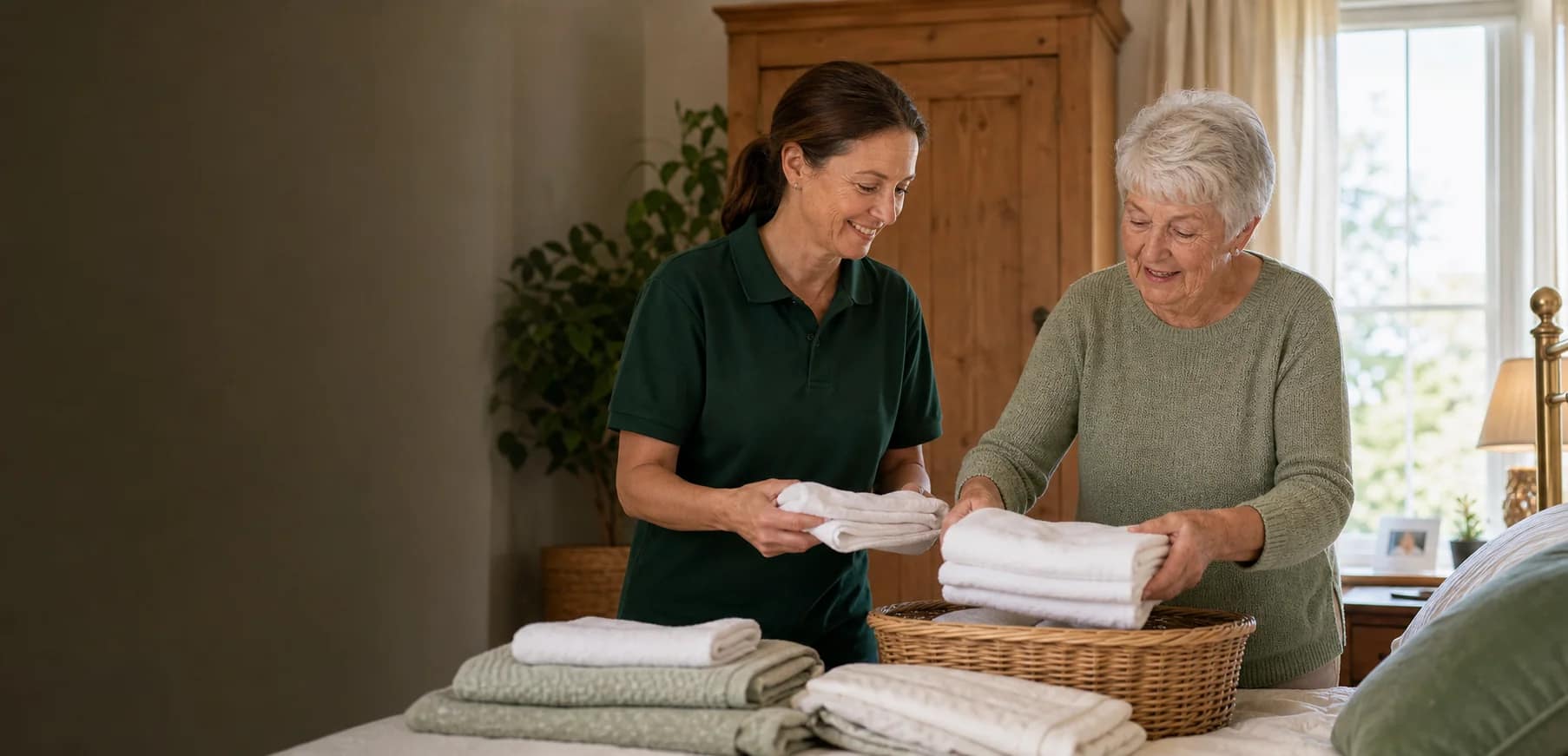 An older woman and her Care Giver folding clean towels together at home