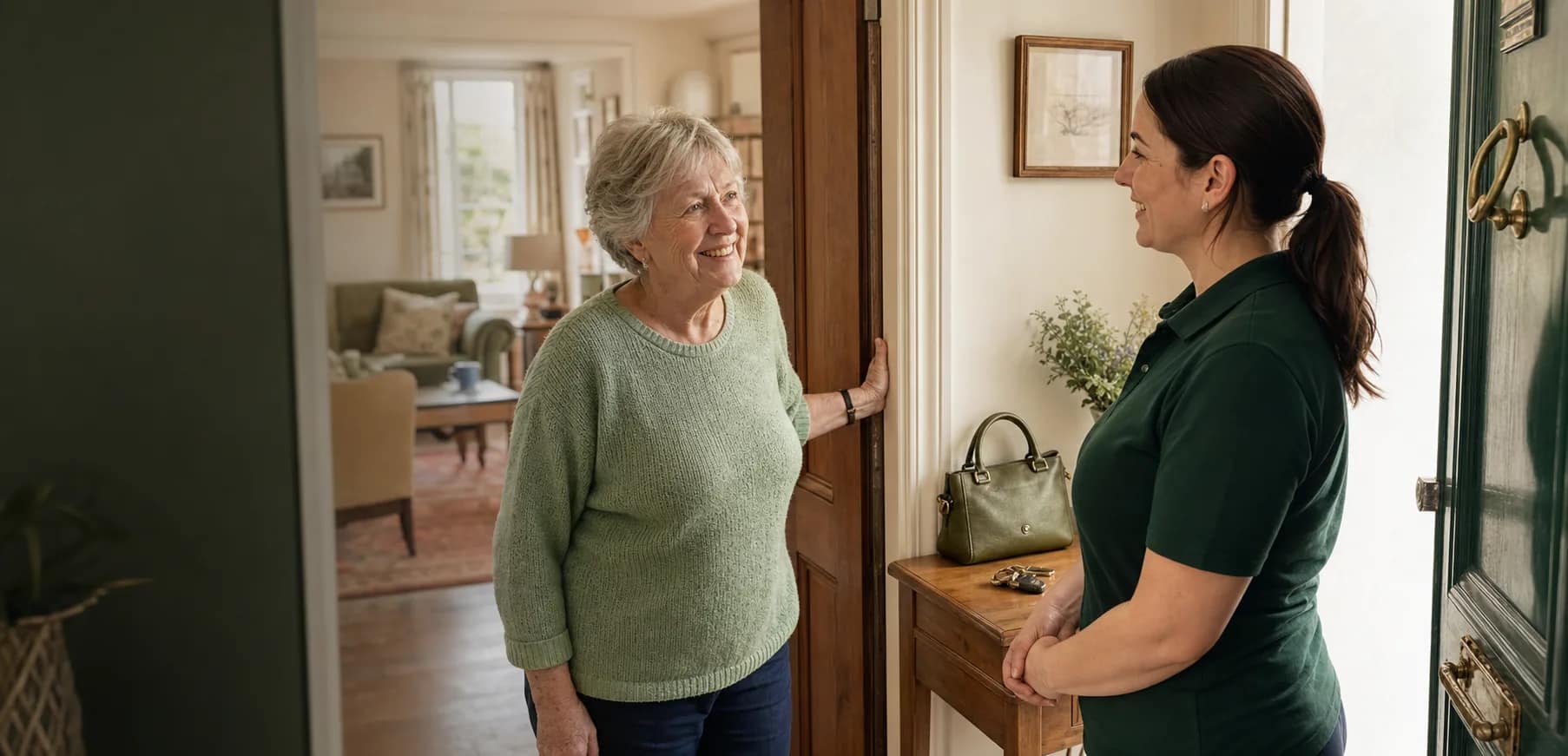 An older woman warmly greeting her Care Giver at the front door