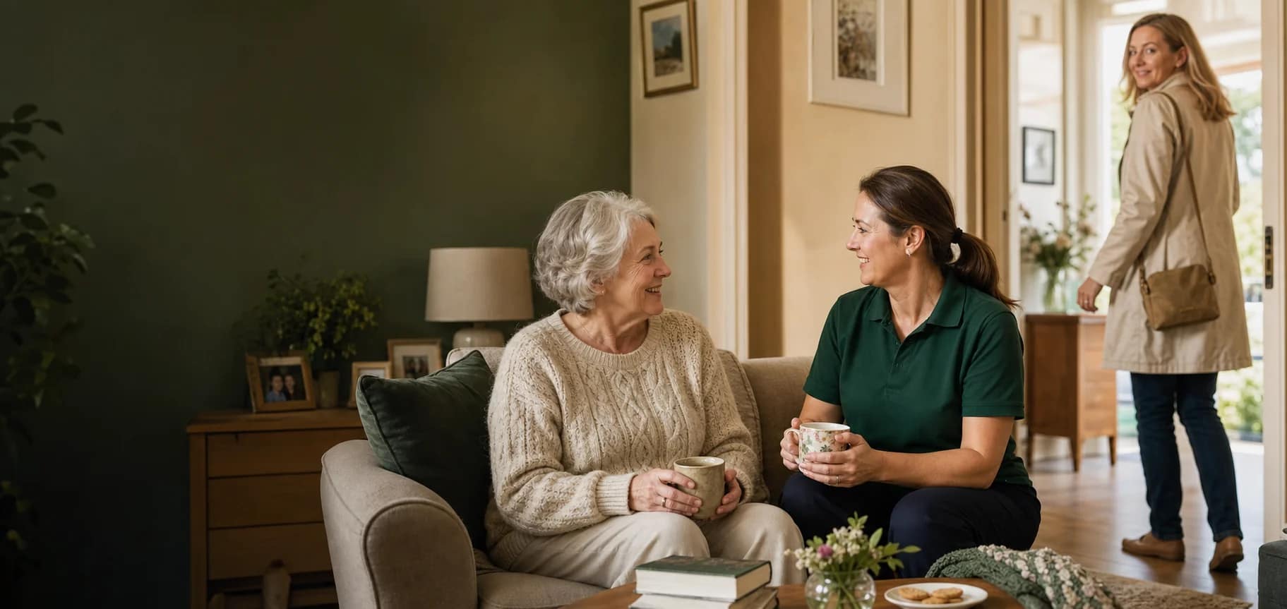 A family carer leaving the house while an older woman enjoys tea and conversation with her Care Giver