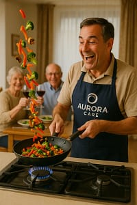 An elderly couple excitedly waiting as their meal preparation is almost complete