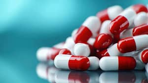 Medication. A collection of red and white capsules.