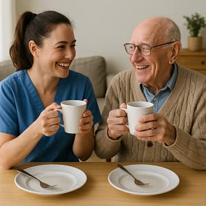 An elderly client and his live-in carer have had a delicious lunch together and are chatting over a cup of tea