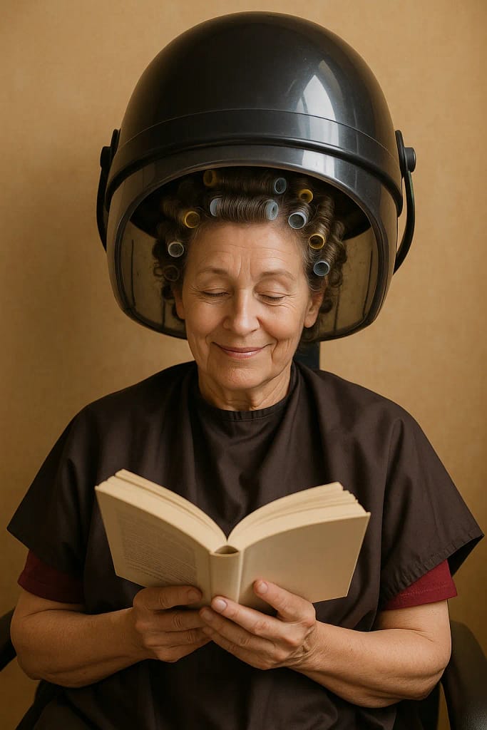 Full time care giver taking some respite getting her hair done reading a book