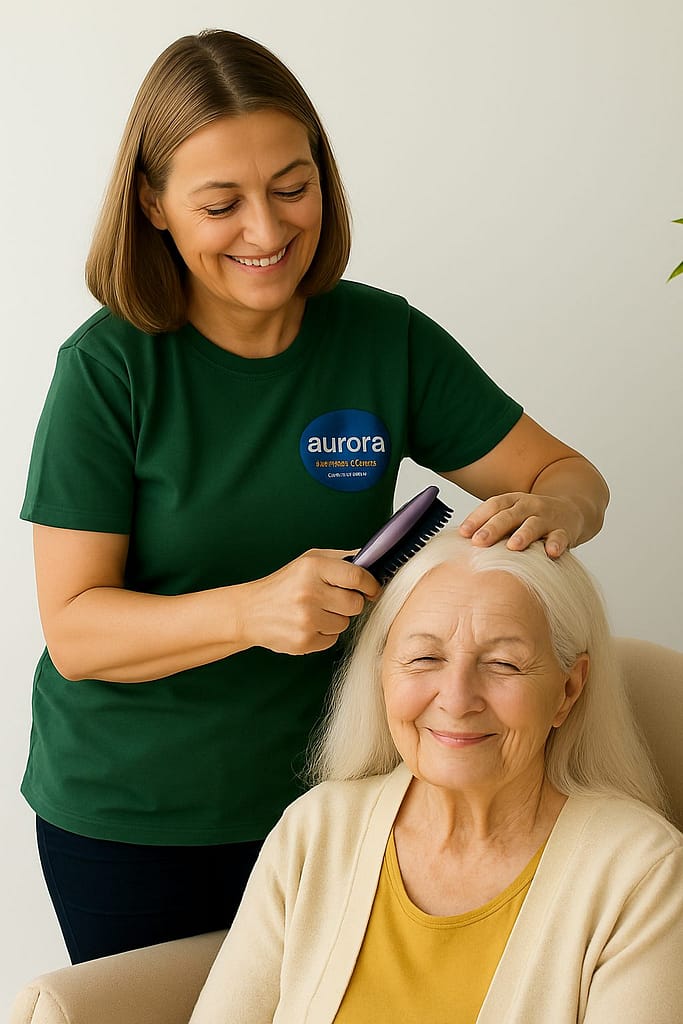 An mature female Care Giver cutting her client's hair