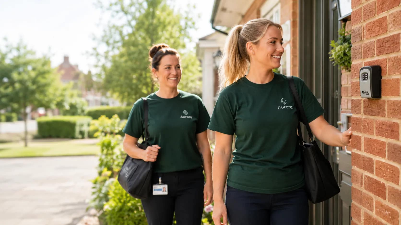 Two Aurora Care Givers arriving at a client's home
